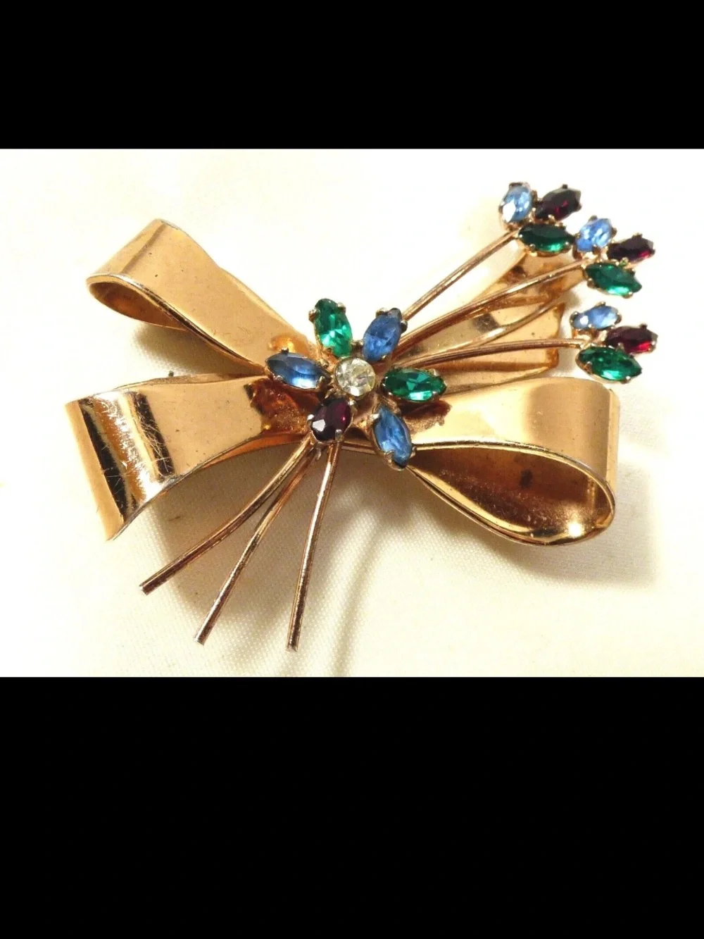 Coro Gold-Tone Bow Brooch with Blue, Green and Clear Stones